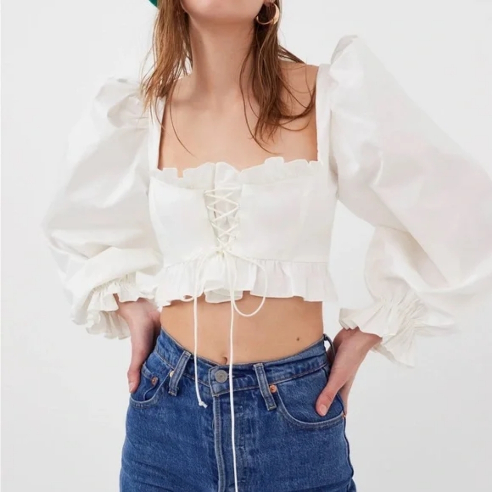 NWT White Corset Lace-Up Puff Sleeve Top